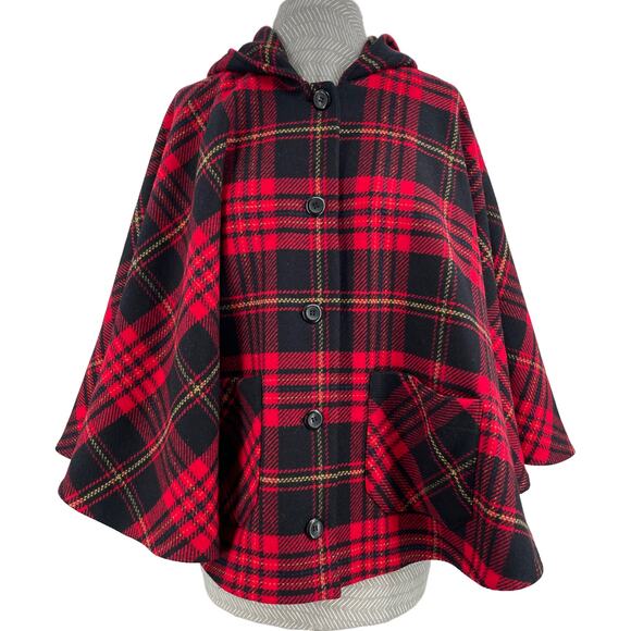Vintage Pendleton Wool Cape Hooded Poncho Red Plaid Tartan Glamorous One Size - Picture 1 of 8